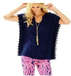 Lilly Pulitzer Sweater Poncho Oversized Small Knit Navy Blue Preppy